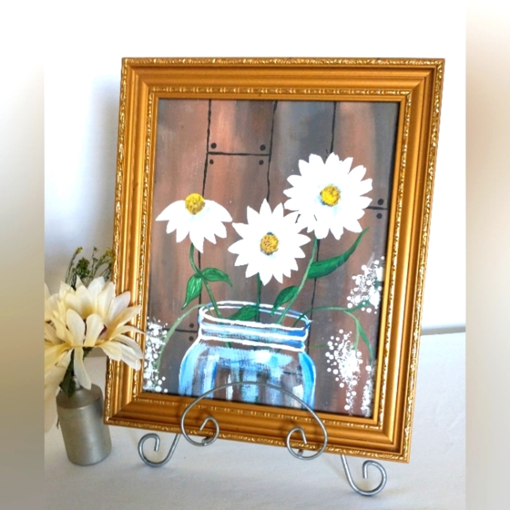 Vintage Acrylic on Canvas - "Daisies in Blue Jar" - Gold Wooden Frame